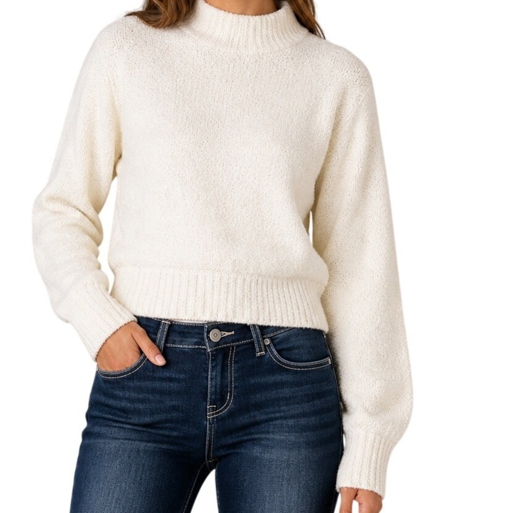 Marled Cream Mock Neck Textured Knit Sweater Women's Small